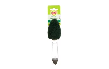 Une Brosse à vaisselle pour gros travaux Scotch-Brite(MC) avec un manche transparent et une éponge verte foncée.
