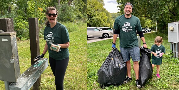 The Scotch-Brite team celebrating National Cleanup Day and Earth Day at local parks picking up trash and using Greener Clean™ products. Three people holding black trash bags.
