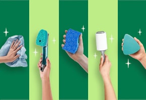 Hands holding various Scotch-Brite cleaning tools behind alternating light green and dark green background.