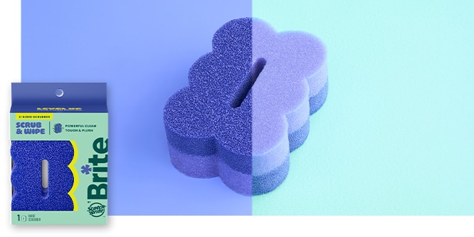 Blue Sponge with cloud/scalloped edge shape and packaging on split blue and mint background.
