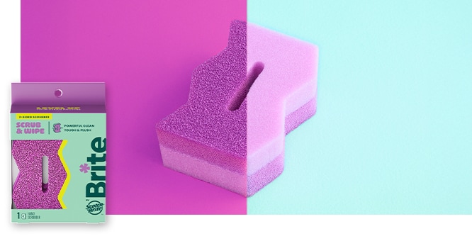 Pink Sponge with zig zag shape and packaging on split pink and mint background.
