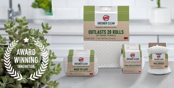 Greener Clean™ product family on a counter with an “Award Winning Innovation” badge.

