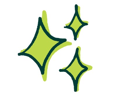 Three green diamond-shaped sparkles outlined in dark green, varying in size, on a white background.