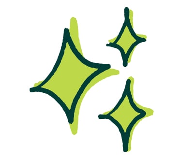 Three green diamond-shaped sparkles outlined in dark green, varying in size, on a white background.