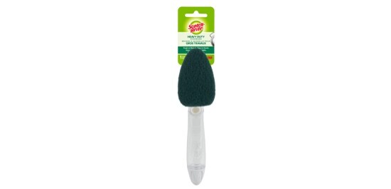 Brosse pour la vaisselle pour gros travaux Scotch-Brite® avec un manche transparent et une éponge verte.
