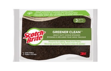 Une Brosse à vaisselle pour gros travaux Scotch-Brite(MC) avec un manche transparent et une éponge verte foncée.
